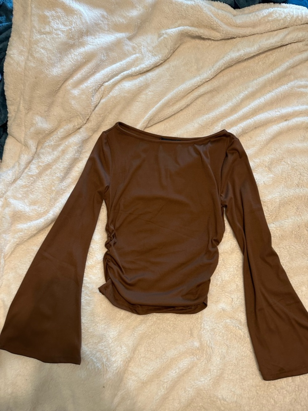 Cider Brown Boatneck Long-Sleeve Top with Flared Sleeves